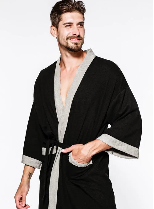 Cotton Waffle Men's Kimono Bathrobe, front smiling