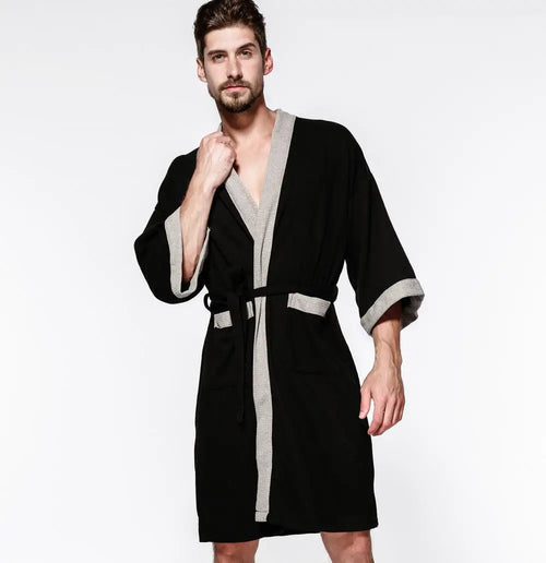 Cotton Waffle Men's Kimono Bathrobe, black front view