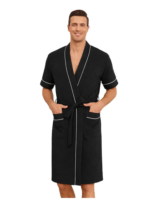 Mens Lightweight Waffle Bathrobe in black with white piping