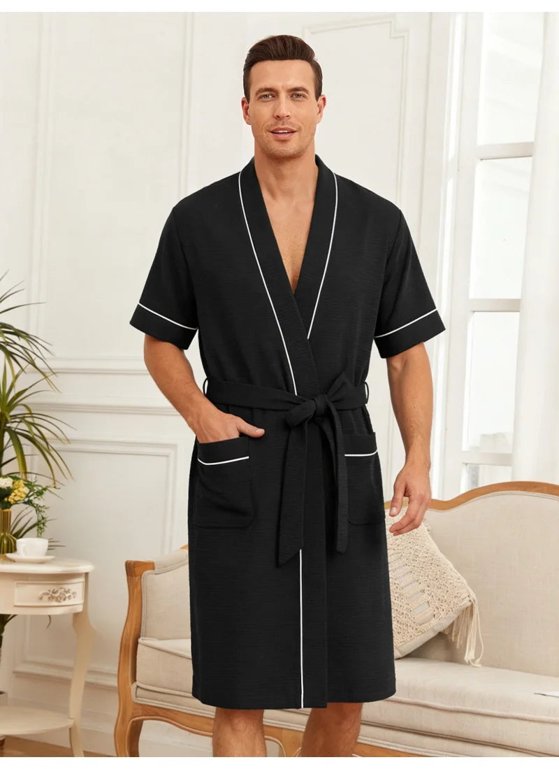 Mens Lightweight Waffle Bathrobe, black, front view