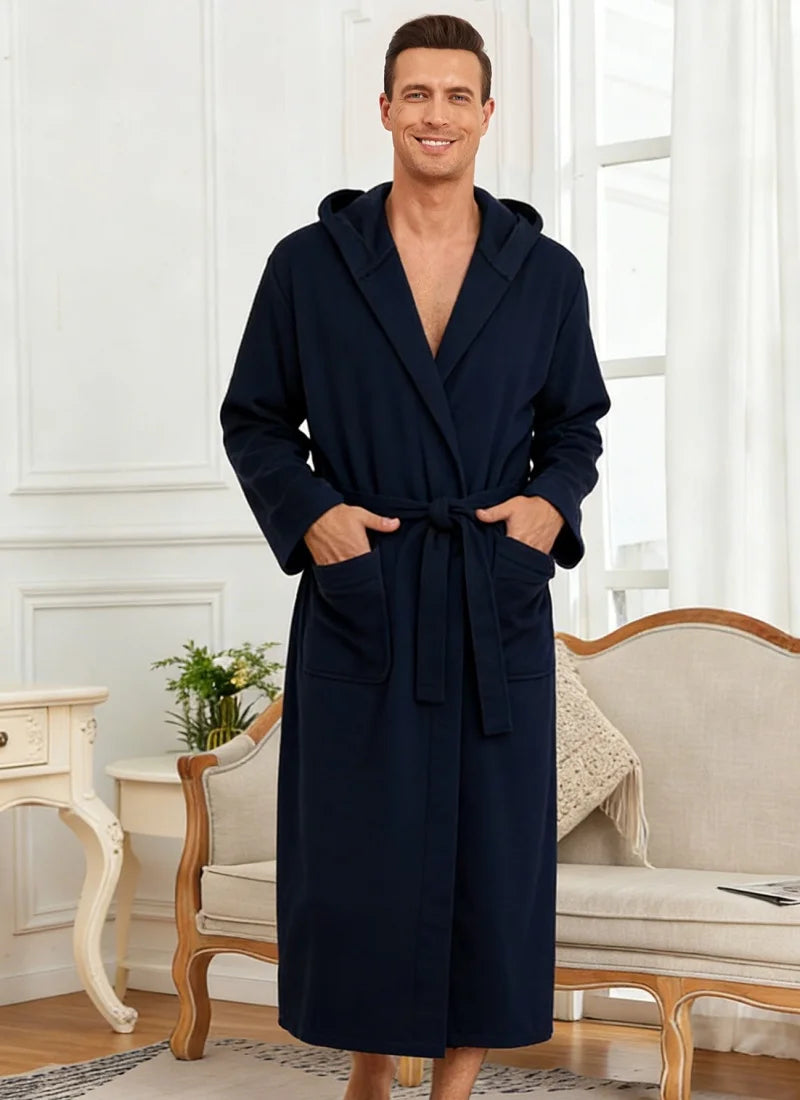 Mens Waffle Knit Hooded Bathrobe, lifestyle front view