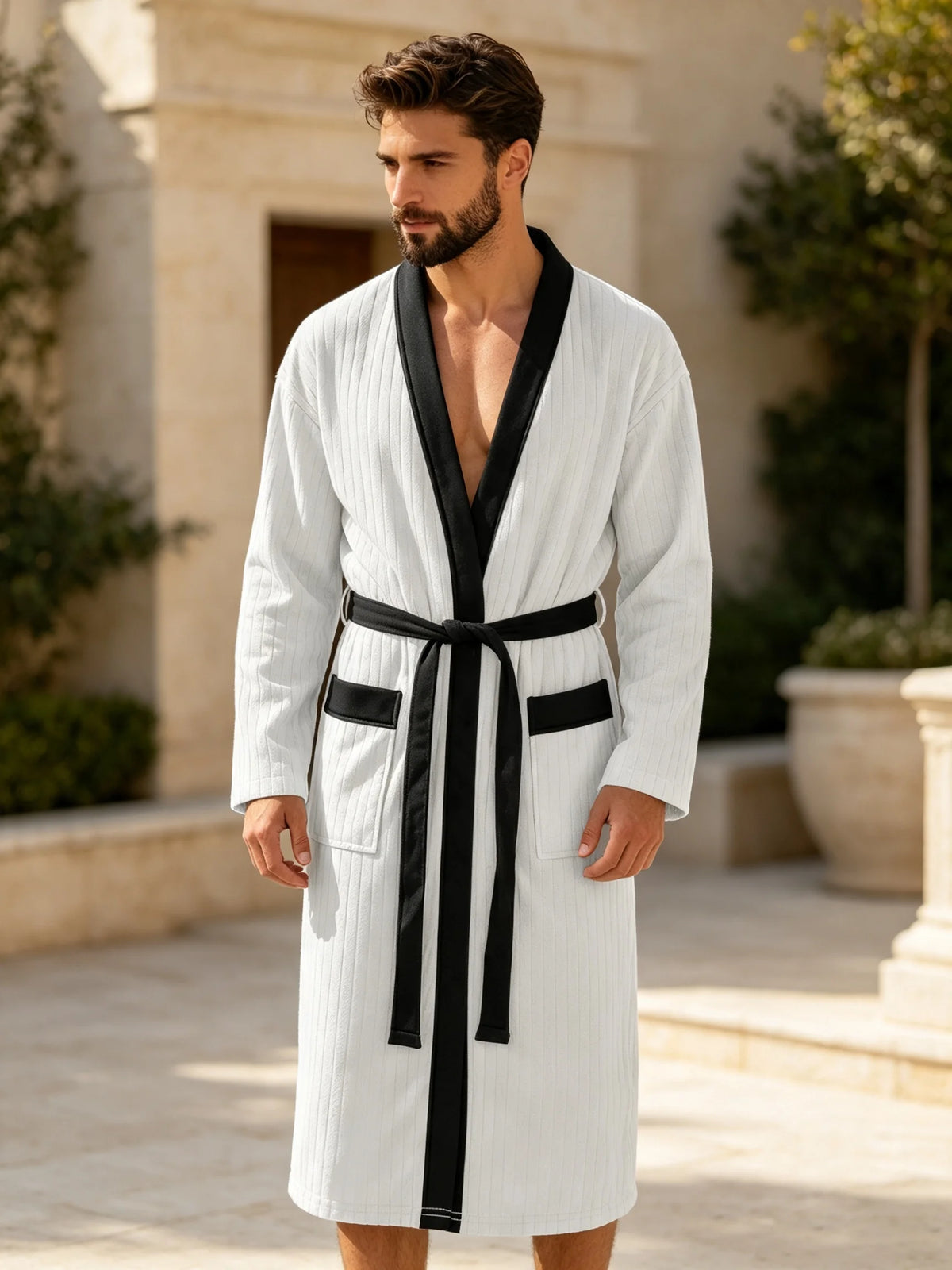 Men's Vertical Striped Kimono Robe - White lifestyle