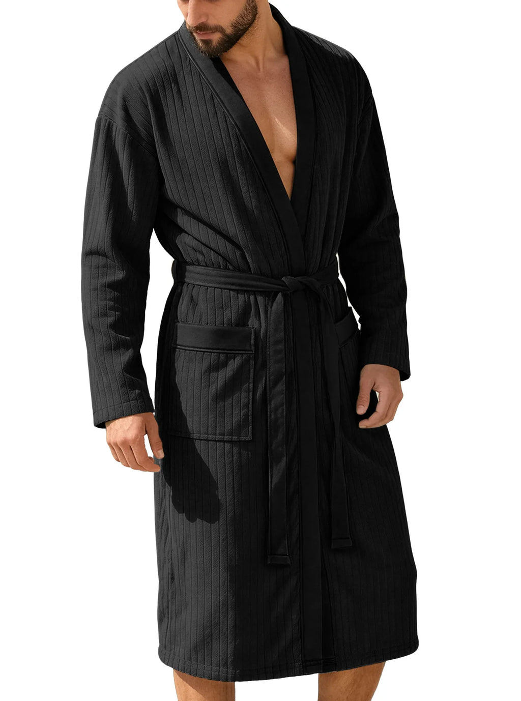 Men's Vertical Striped Kimono Robe - Black