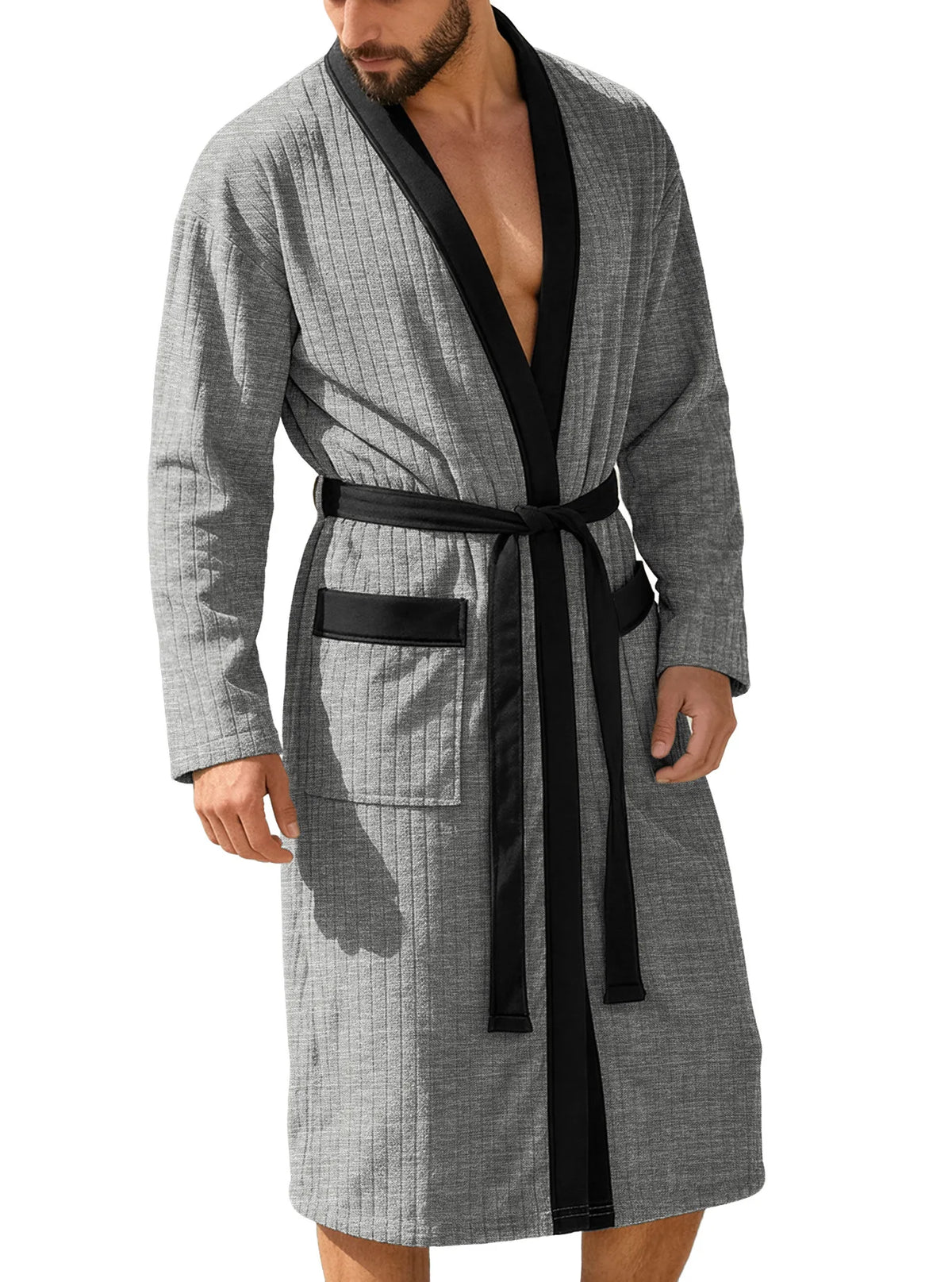 Men's Vertical Striped Kimono Robe - Gray