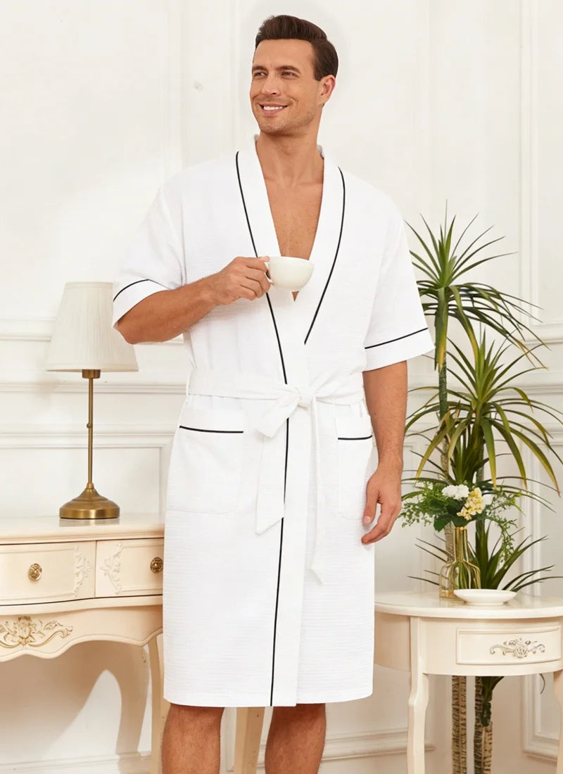Mens Lightweight Waffle Bathrobe in white with black piping