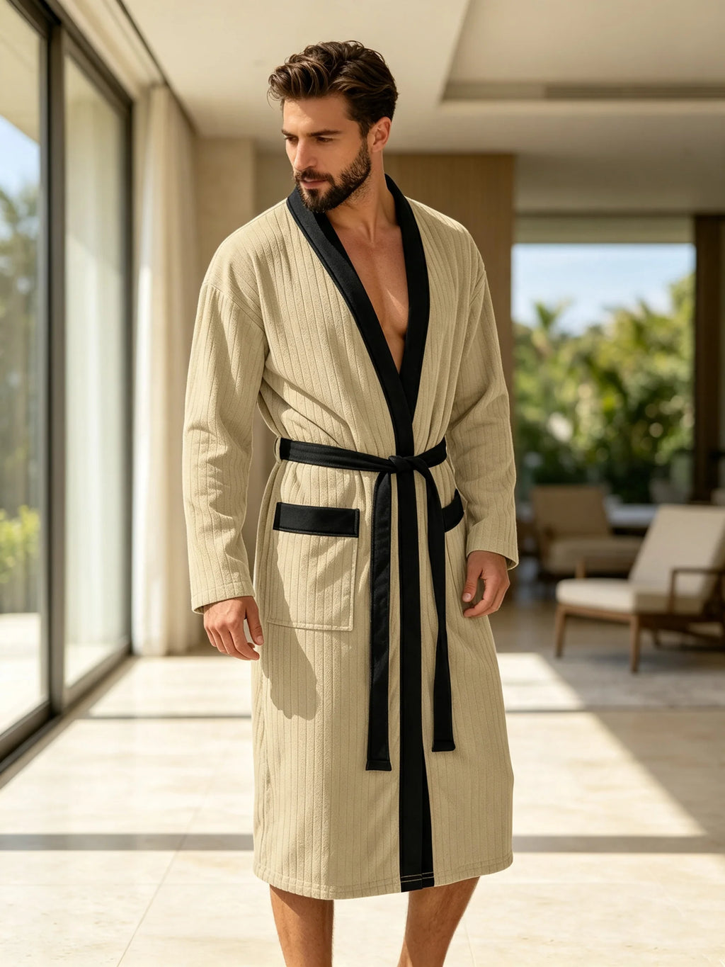 Men's Vertical Striped Kimono Robe - Khaki lifestyle
