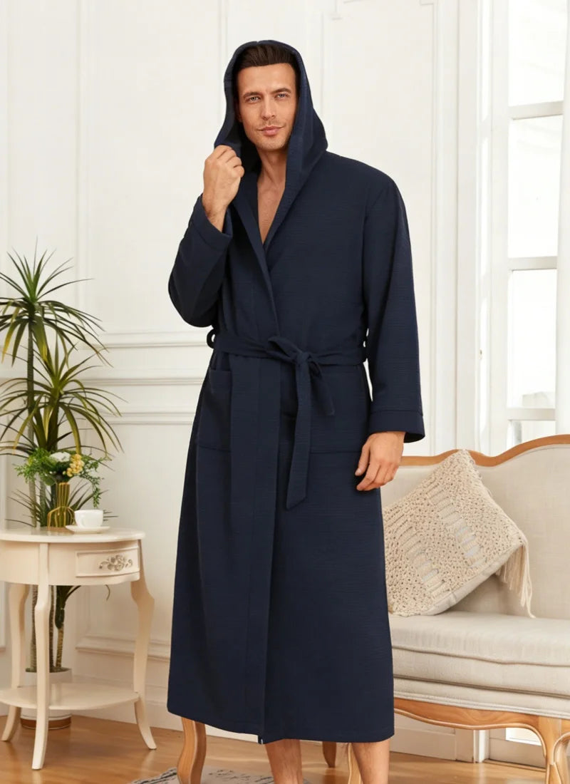 Mens Waffle Knit Hooded Bathrobe in navy blue, front view