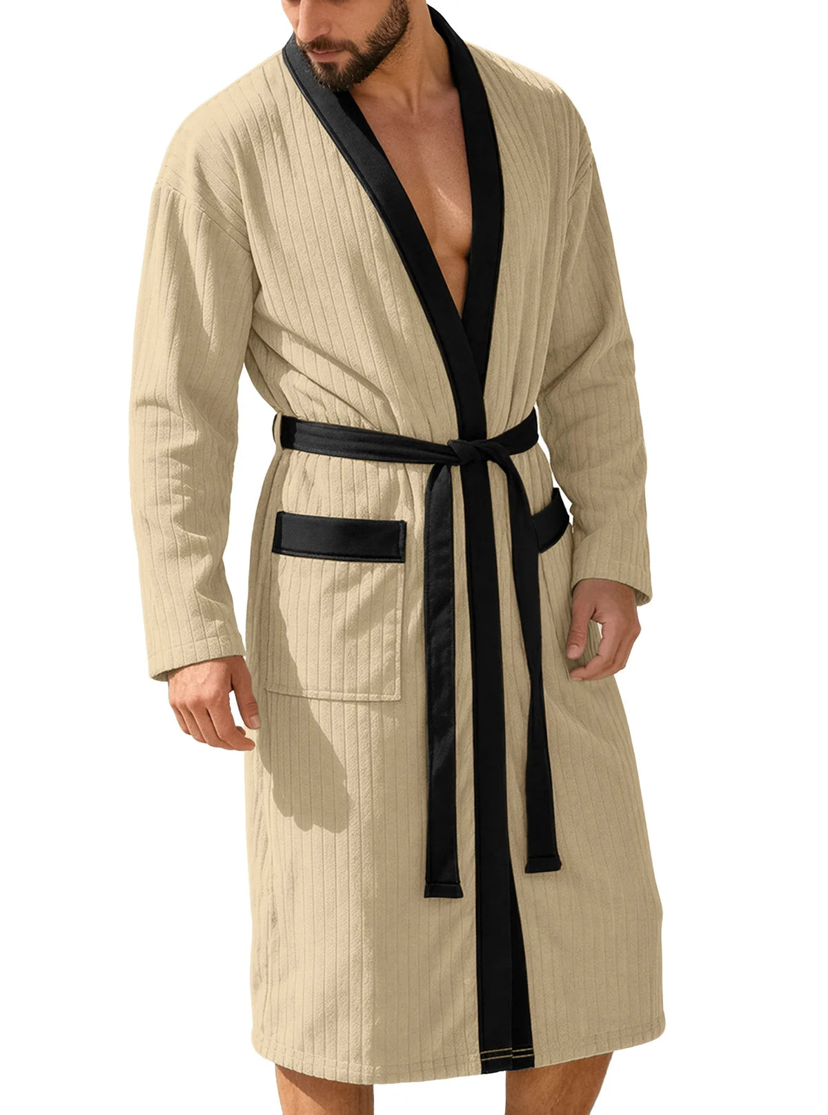 Men's Vertical Striped Kimono Robe - Khaki