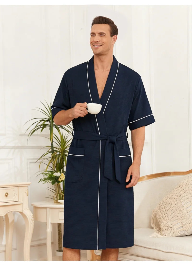 Mens Lightweight Waffle Bathrobe in navy blue with white piping