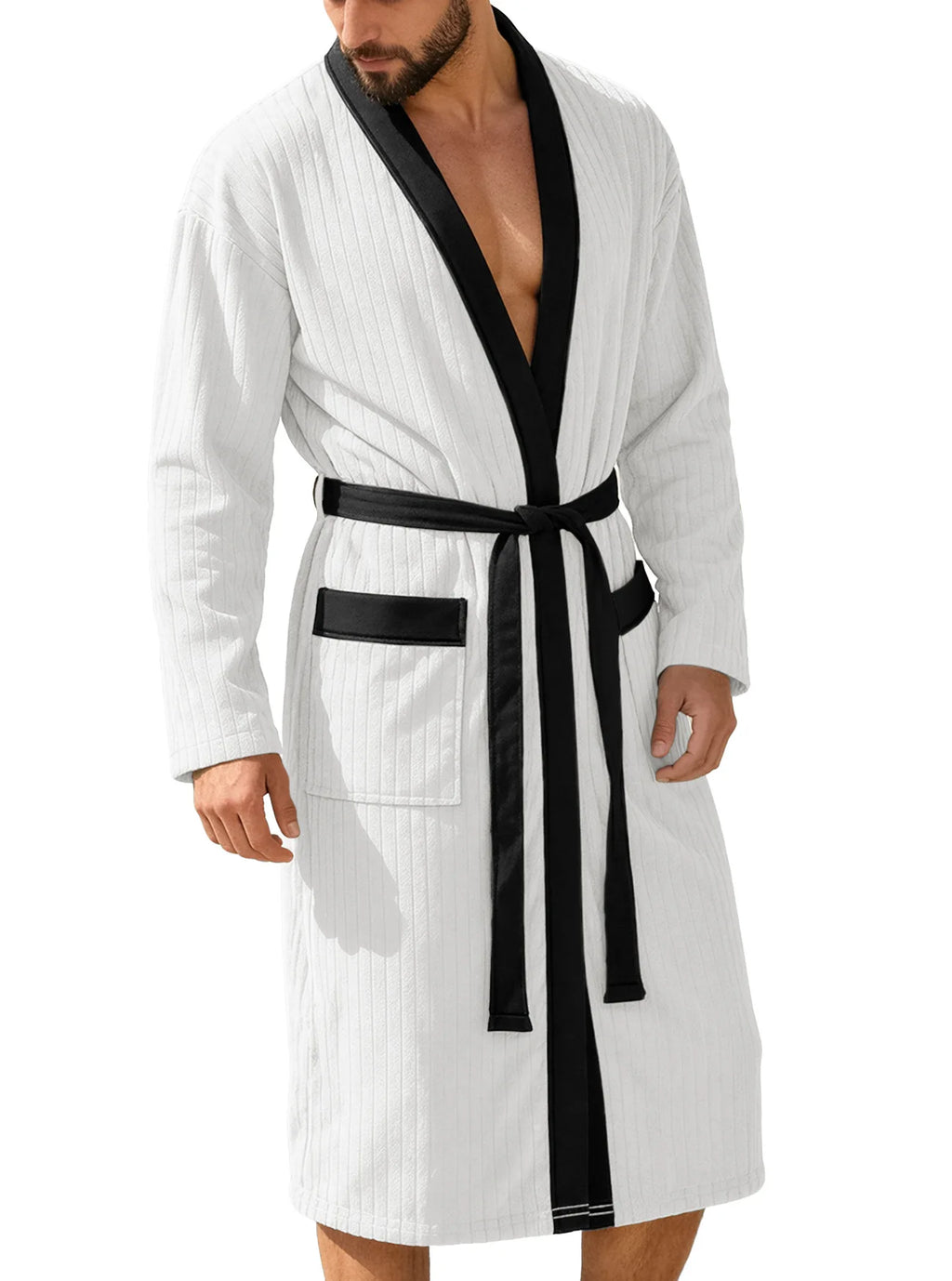 Men's Vertical Striped Kimono Robe - White