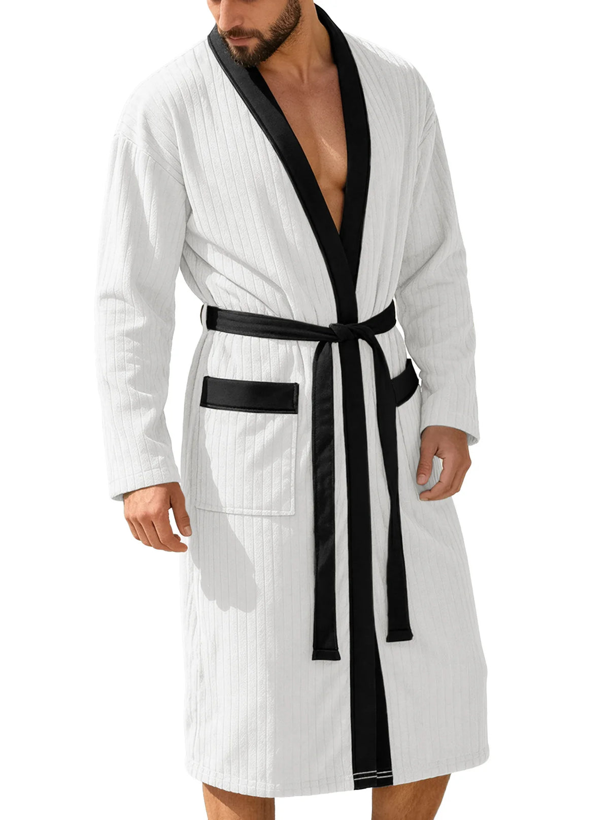 Men's Vertical Striped Kimono Robe - White