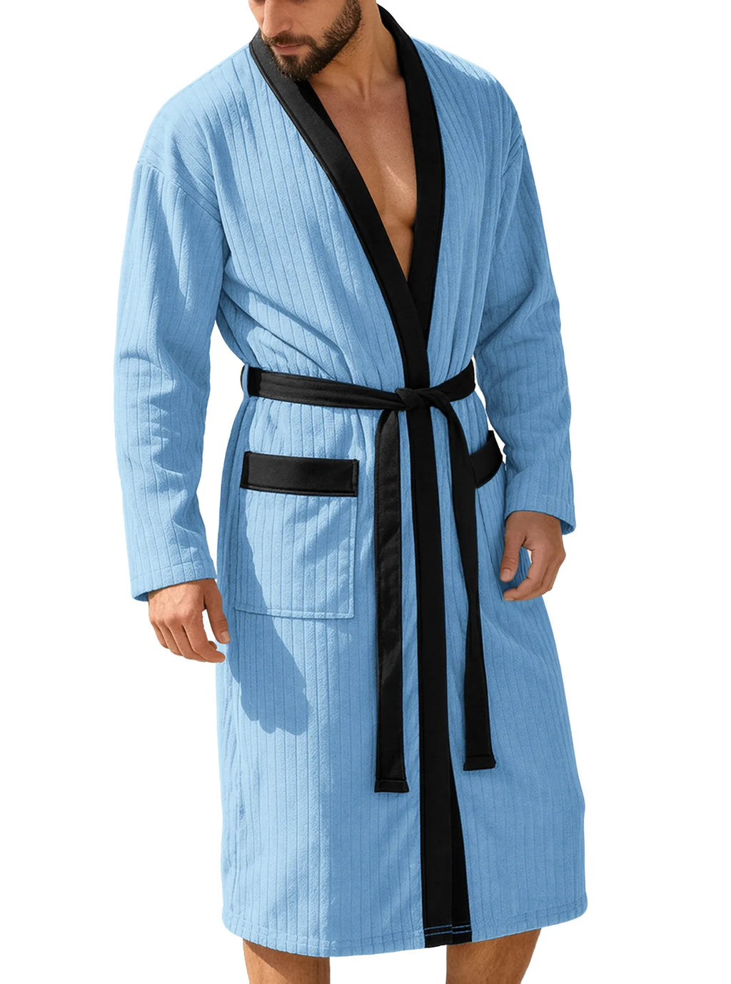 Men's Vertical Striped Kimono Robe - Sky Blue