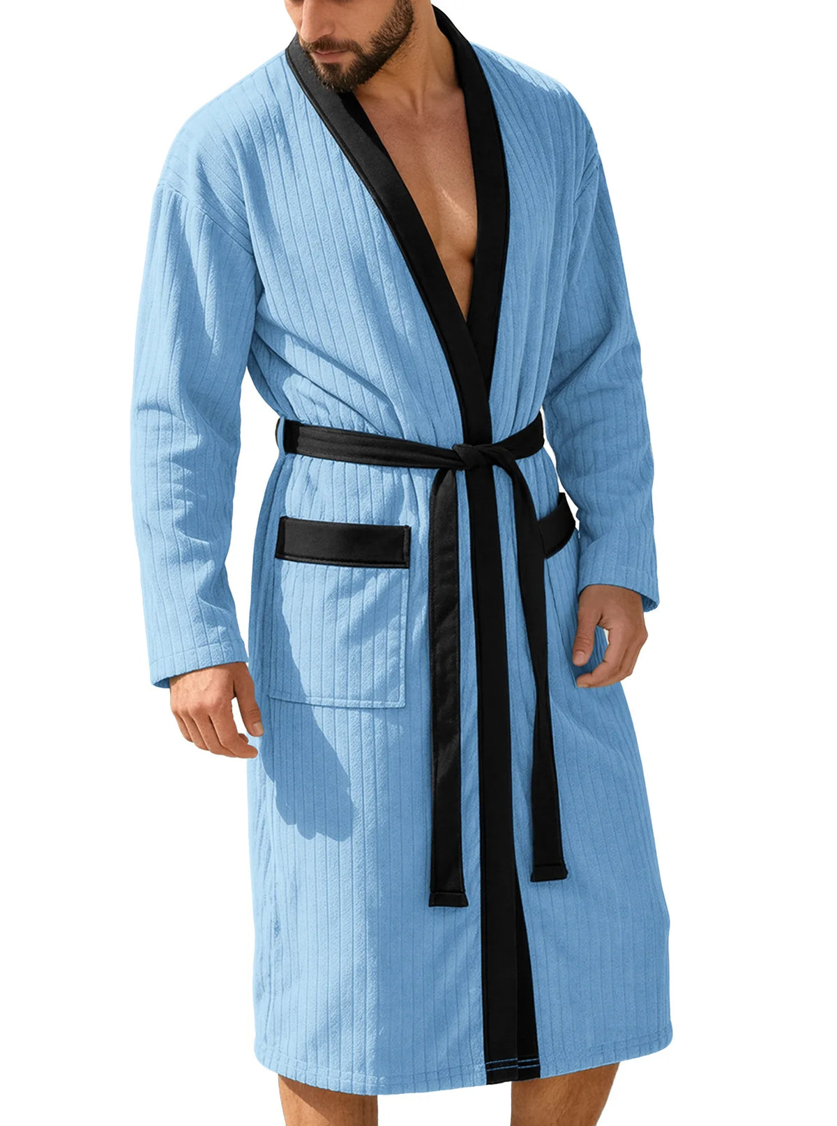 Men's Vertical Striped Kimono Robe - Sky Blue
