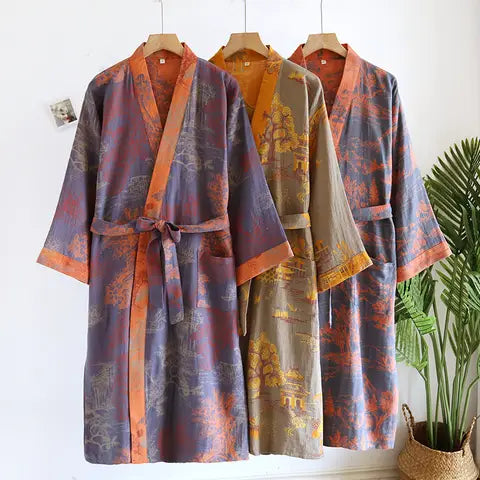 Kyoto Jacquard Print Robe in Indigo, Umber, and Clay