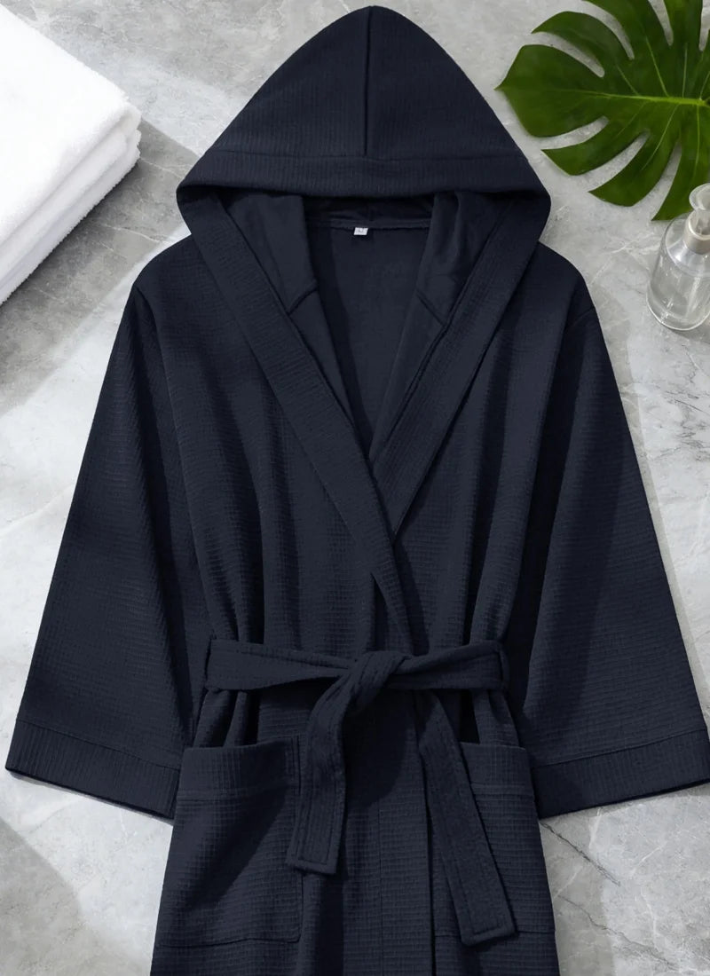 Mens Waffle Knit Hooded Bathrobe flat lay with hood