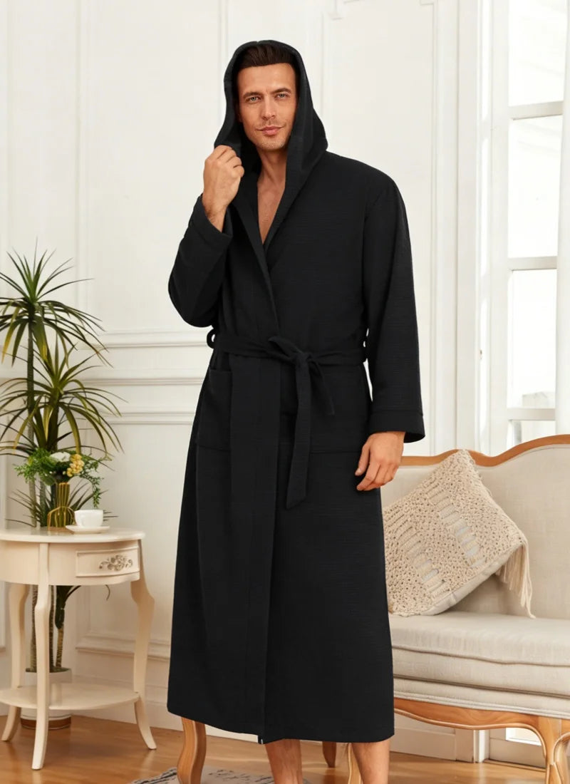 Mens Waffle Knit Hooded Bathrobe worn, hood up