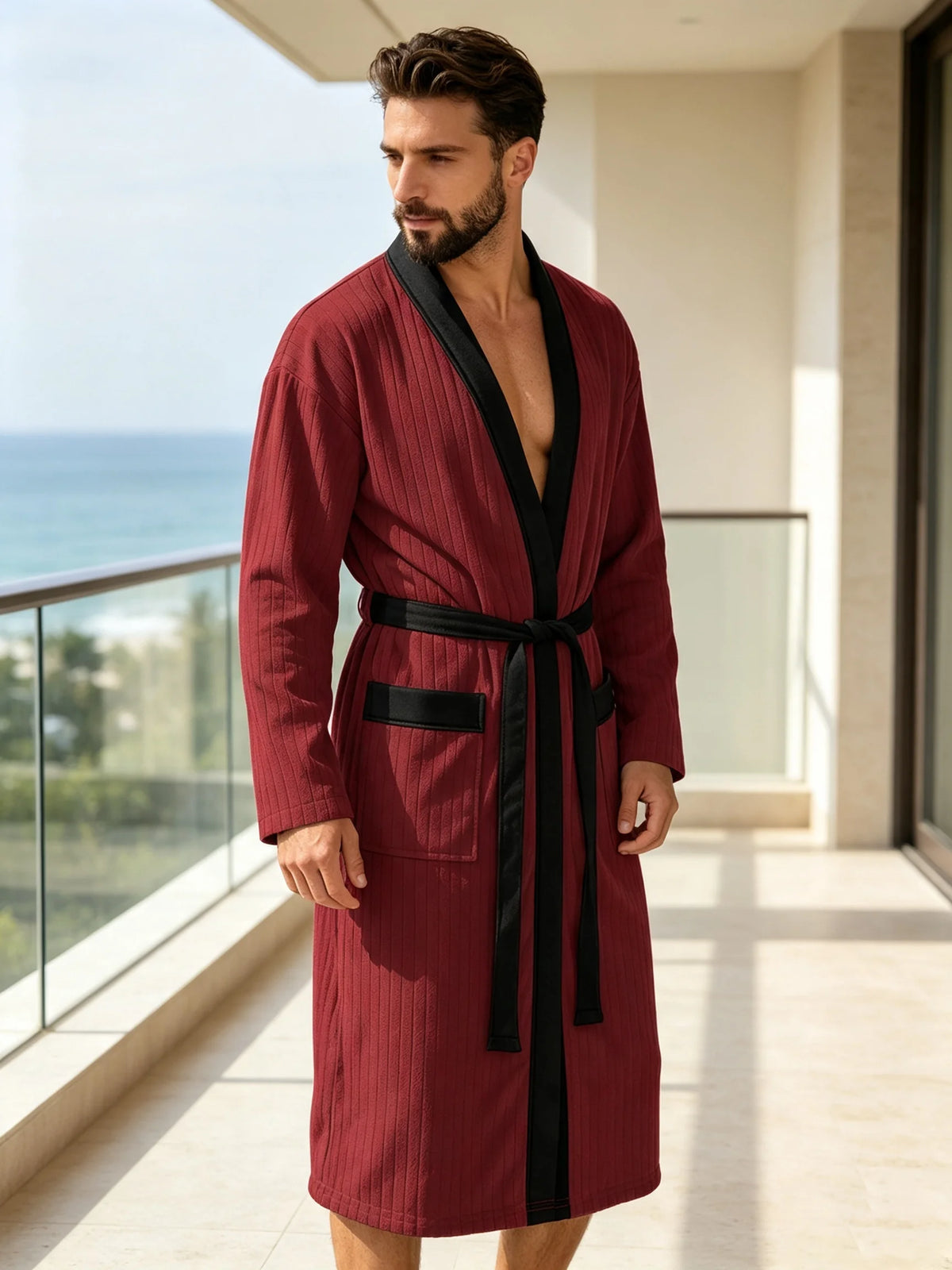 Men's Vertical Striped Kimono Robe - Burgundy lifestyle