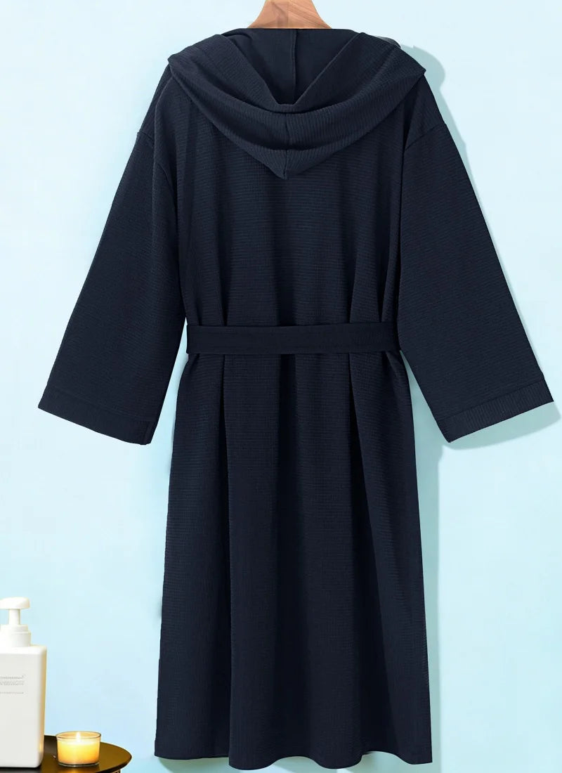 Mens Waffle Knit Hooded Bathrobe back view on hanger
