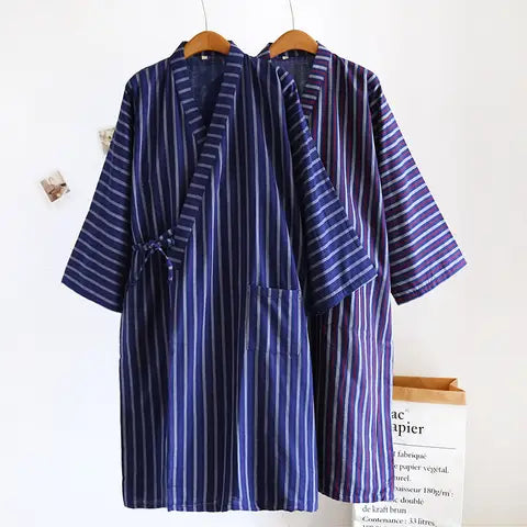 Oxford Pinstripe Kimono Robe in navy