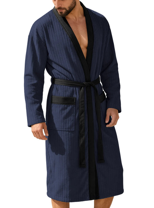 Men's Vertical Striped Kimono Robe - Navy Blue