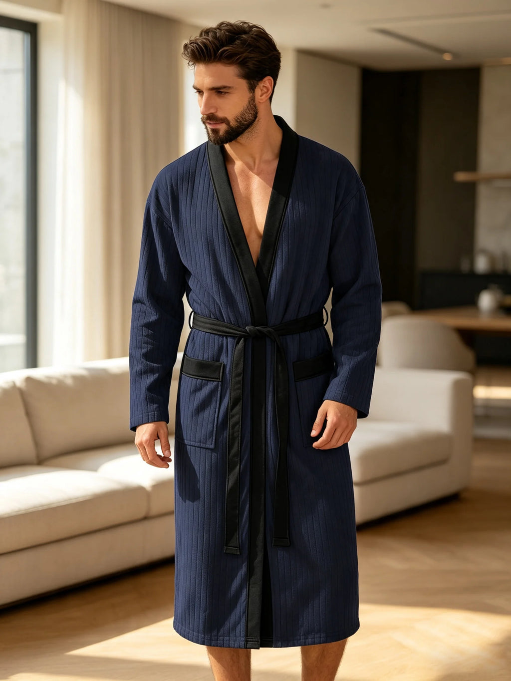 Men's Vertical Striped Kimono Robe - Navy Blue lifestyle