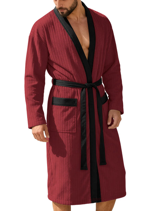 Men's Vertical Striped Kimono Robe - Burgundy