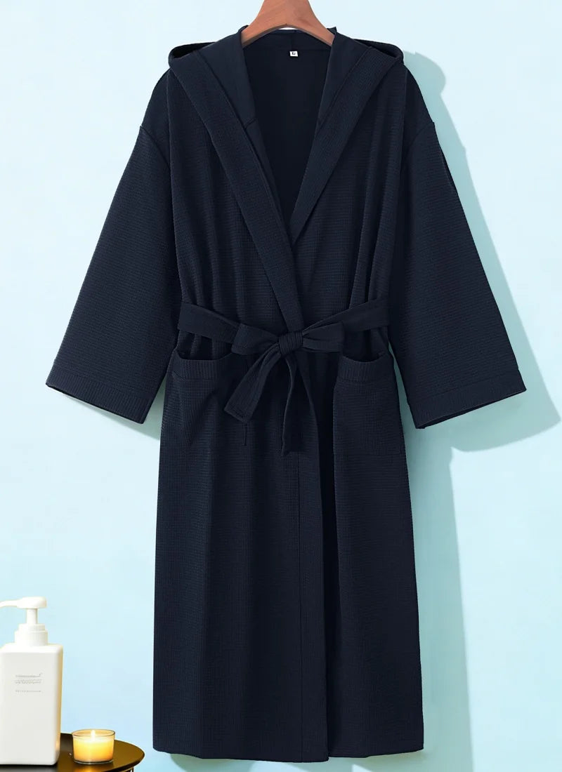 Mens Waffle Knit Hooded Bathrobe hanging, waffle texture detail