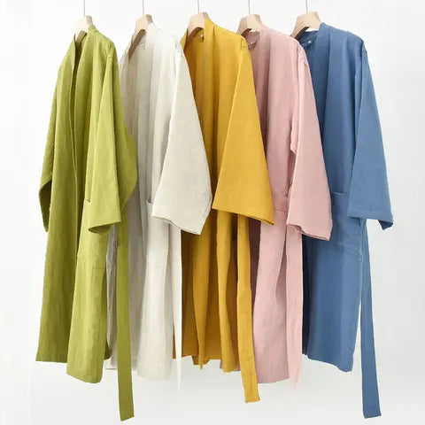 Provence Linen-Blend Robe in Olive, Slate Blue, and Mustard